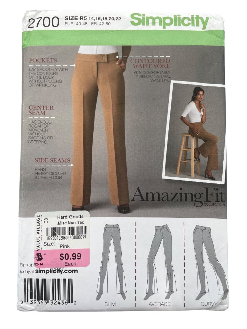 Simplicity 2700 Sewing Pattern Sizes R5 14-22 Amazing Fit Collection Pants UNCUT